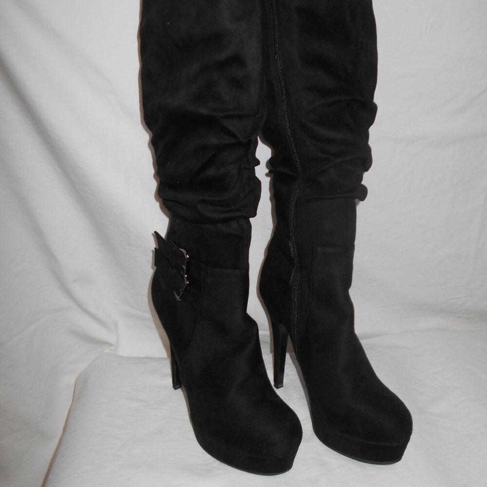 Round Toe Slip-On Platform Stiletto Heel Mid-Calf Boots